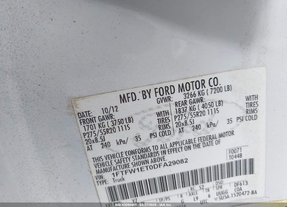 2013 FORD F-150 VIN: 1FTFW1ET0DFA29082