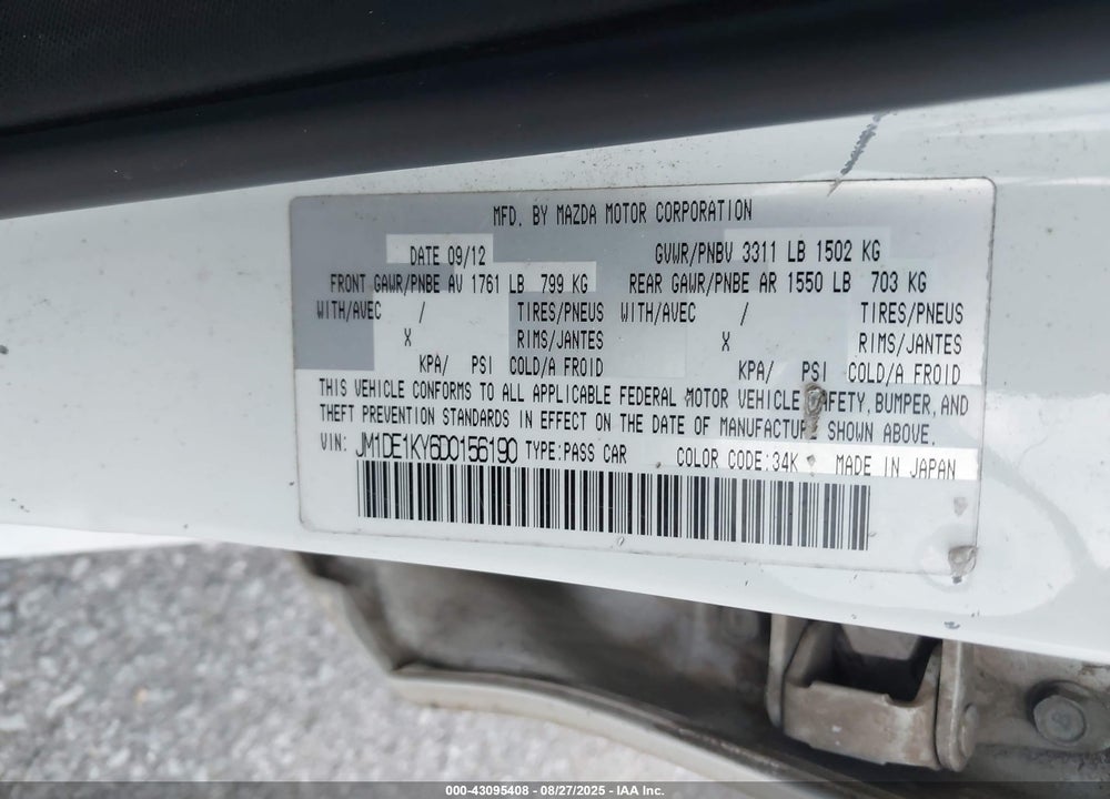 2013 MAZDA 2 VIN: JM1DE1KY6D0156190
