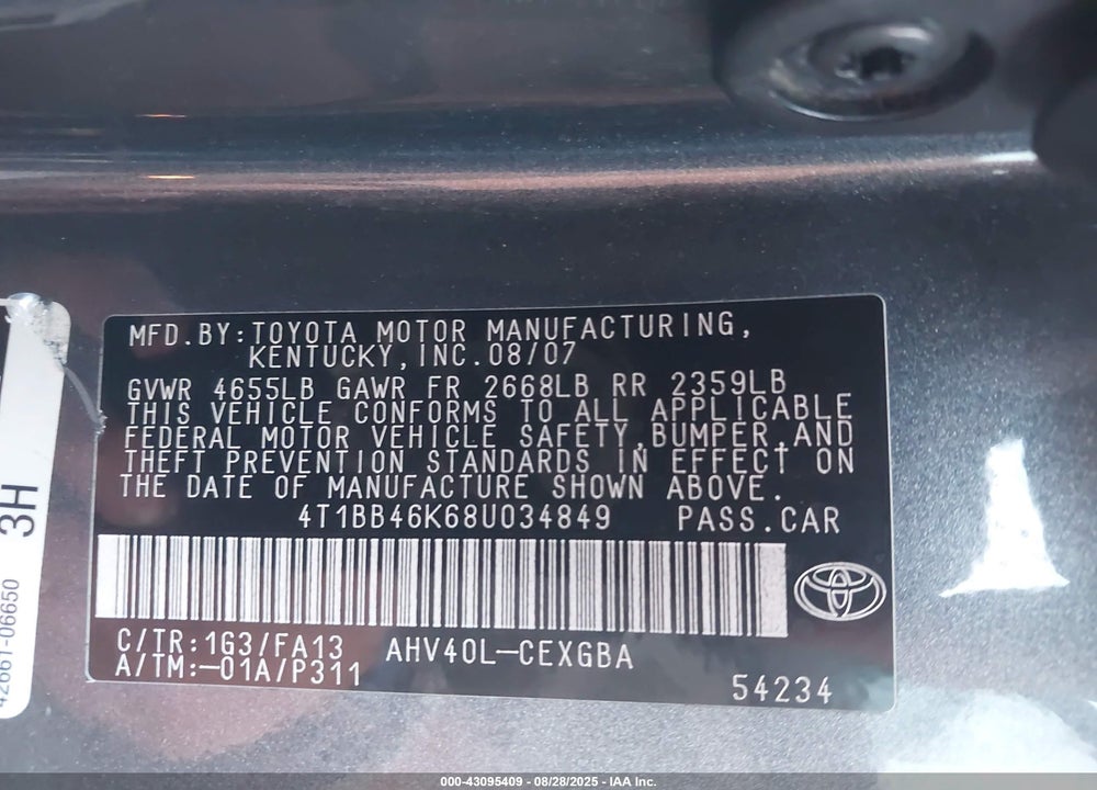 2008 TOYOTA CAMRY HYBRID VIN: 4T1BB46K68U034849
