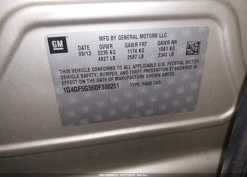2013 BUICK LACROSSE VIN: 1G4GF5G36DF308251