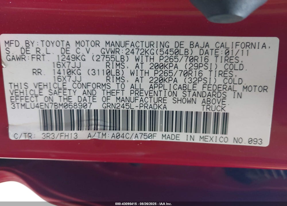 2011 TOYOTA TACOMA VIN: 3TMLU4EN7BM068907