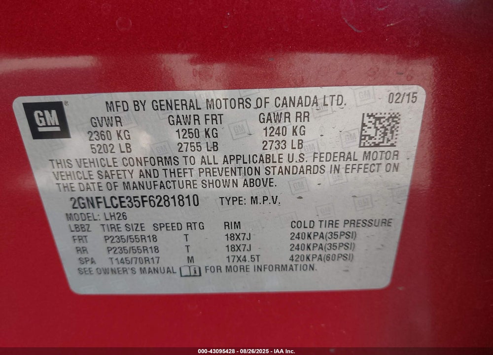 2015 CHEVROLET EQUINOX VIN: 2GNFLCE35F6281810