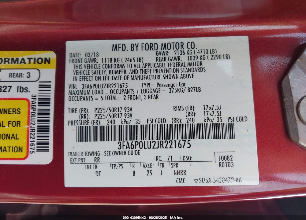 2018 FORD FUSION VIN: 3FA6P0LU2JR221675