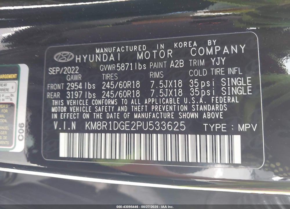 2023 HYUNDAI PALISADE VIN: KM8R1DGE2PU533625