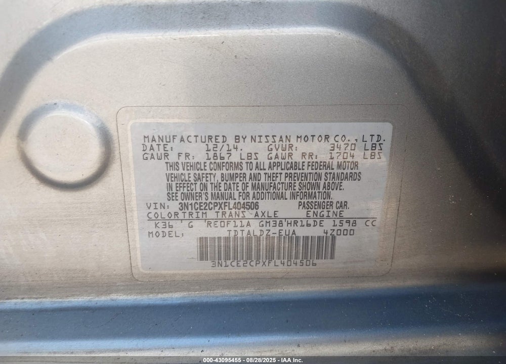 2015 NISSAN VERSA NOTE S (SR)/S PLUS/SL/SR/SV VIN: 3N1CE2CPXFL404506