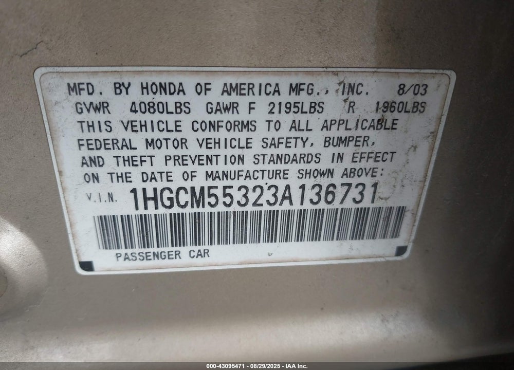 2003 HONDA ACCORD 2.4 LX VIN: 1HGCM55323A136731