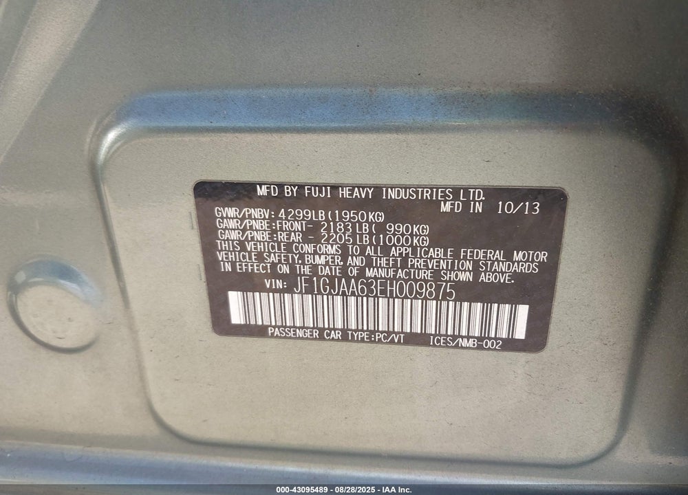 2014 SUBARU IMPREZA VIN: JF1GJAA63EH009875