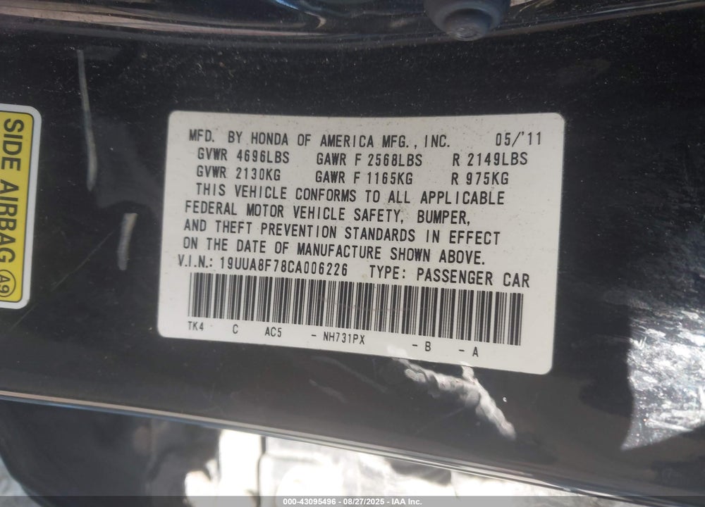 2012 ACURA TL VIN: 19UUA8F78CA006226
