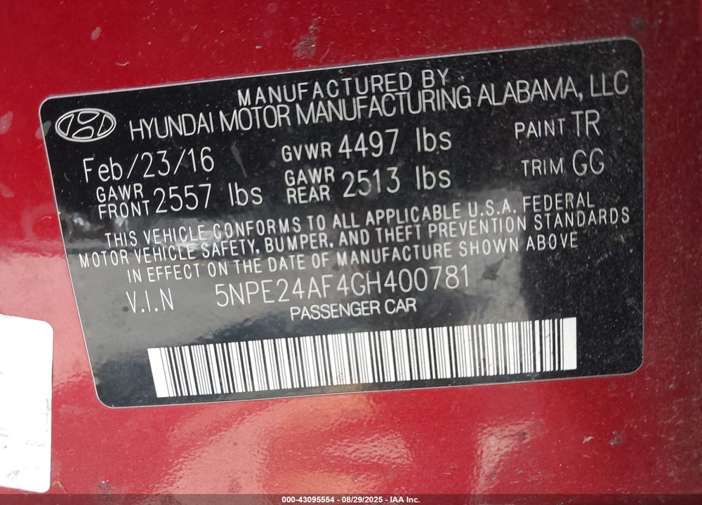 2016 HYUNDAI SONATA VIN: 5NPE24AF4GH400781