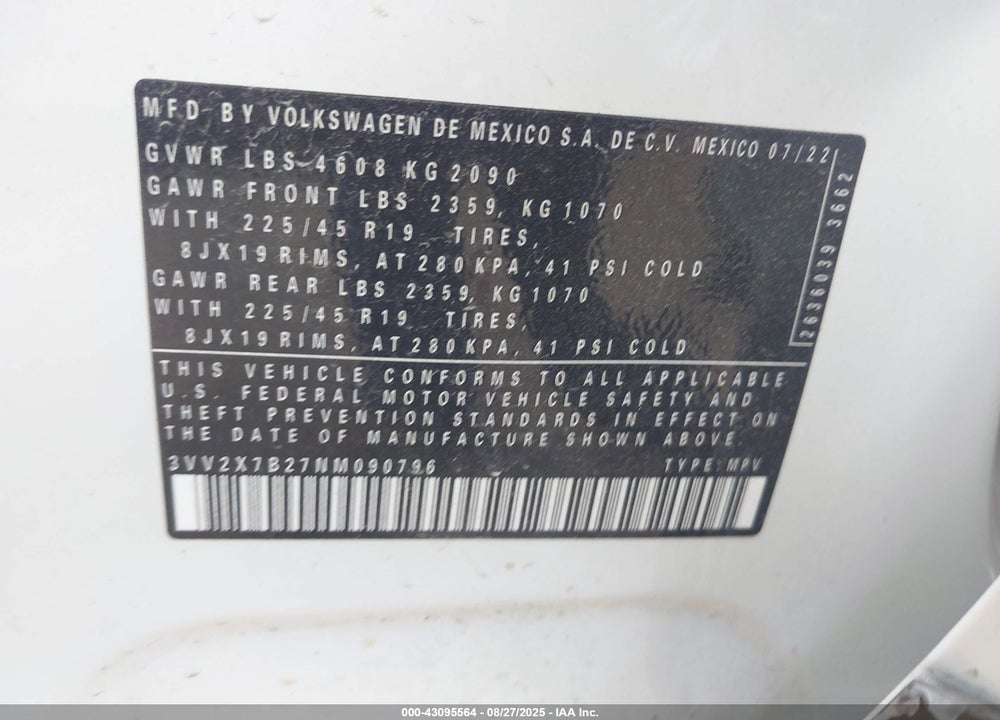 2022 VOLKSWAGEN TAOS VIN: 3VV2X7B27NM090796