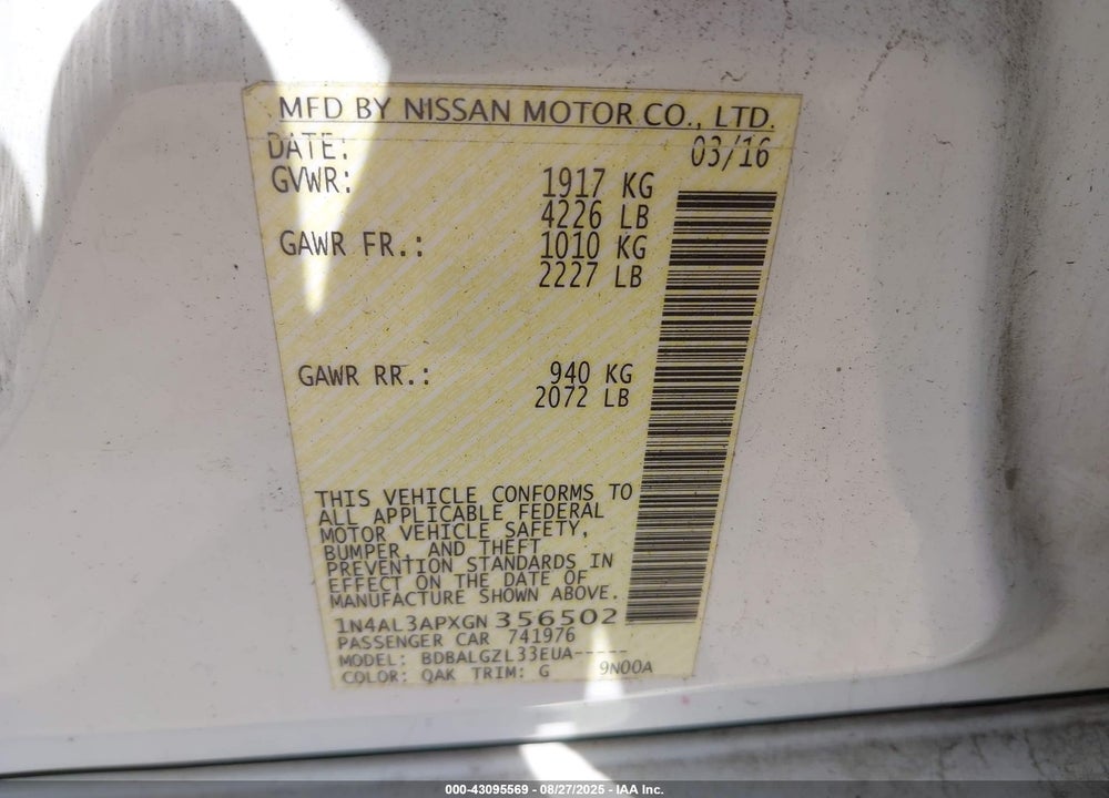 2016 NISSAN ALTIMA 2.5 S VIN: 1N4AL3APXGN356502