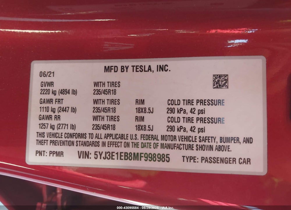 2021 TESLA MODEL 3 LONG RANGE DUAL MOTOR ALL-WHEEL DRIVE VIN: 5YJ3E1EB8MF998985