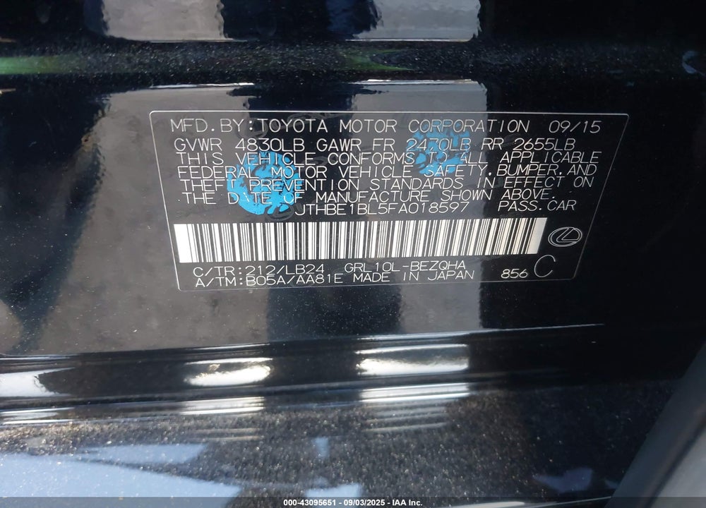 2015 LEXUS GS 350 VIN: JTHBE1BL5FA018597