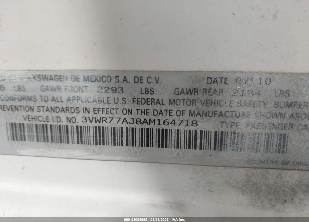 2010 VOLKSWAGEN JETTA VIN: 3VWRZ7AJ8AM164718