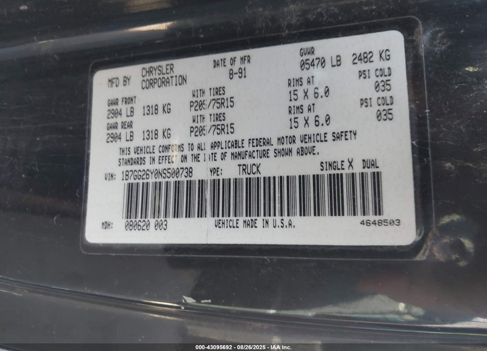 1992 DODGE DAKOTA VIN: 1B7GG26Y0NS500738
