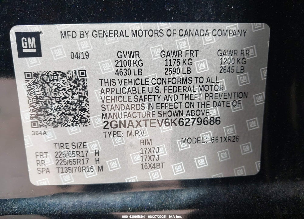 2019 CHEVROLET EQUINOX VIN: 2GNAXTEV6K6279686
