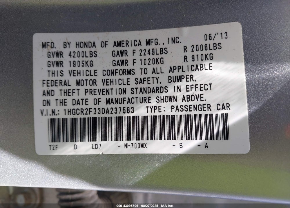 2013 HONDA ACCORD VIN: 1HGCR2F33DA237583