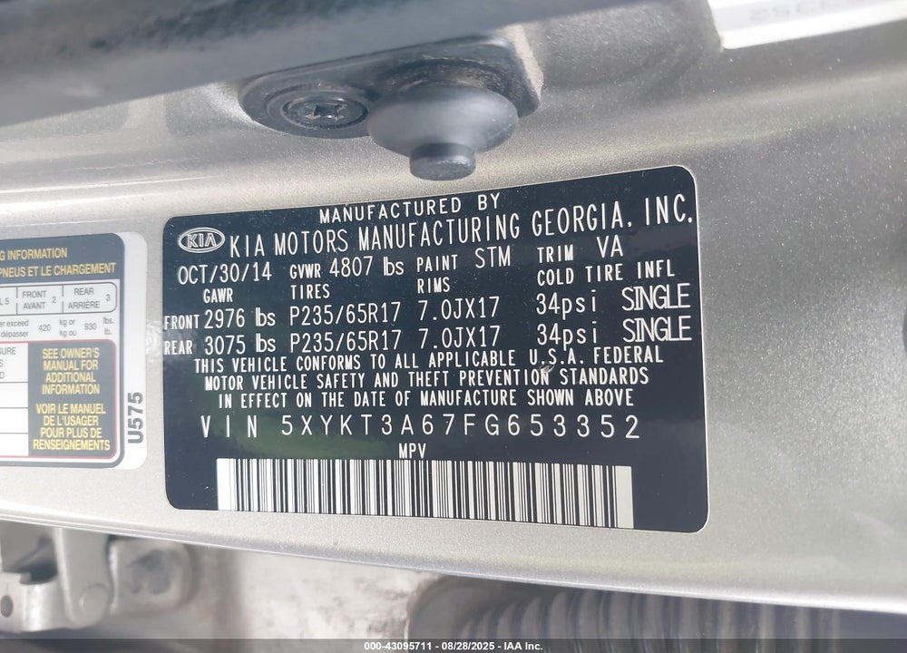 2015 KIA SORENTO VIN: 5XYKT3A67FG653352