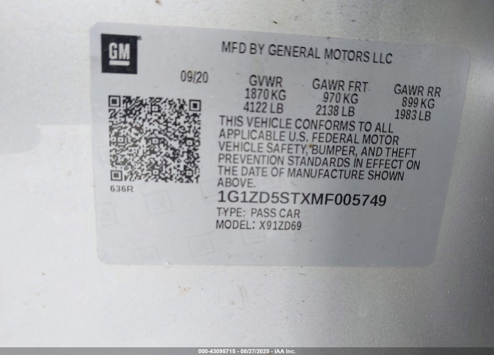 2021 CHEVROLET MALIBU FWD LT VIN: 1G1ZD5STXMF005749