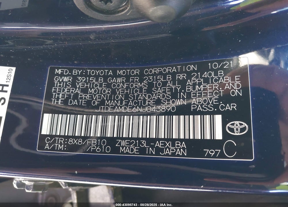 2022 TOYOTA COROLLA HYBRID LE VIN: JTDEAMDE6NJ043890
