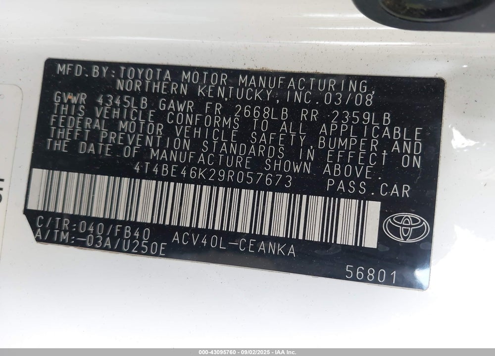 2009 TOYOTA CAMRY VIN: 4T4BE46K29R057673