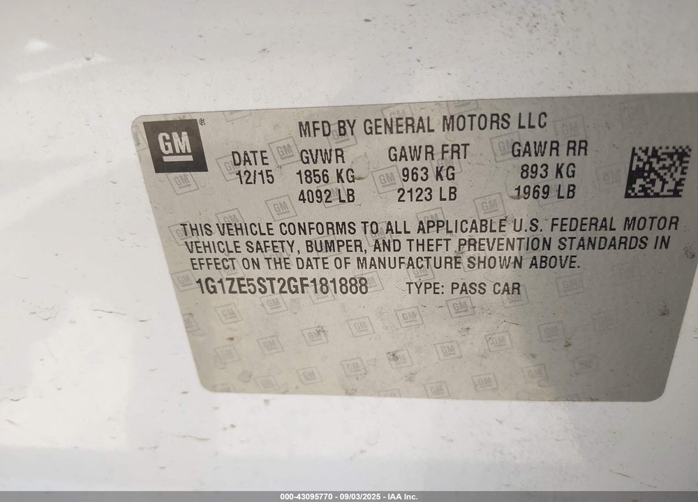 2016 CHEVROLET MALIBU VIN: 1G1ZE5ST2GF181888