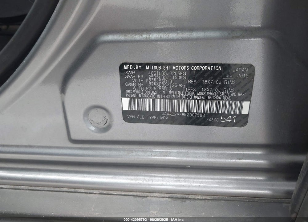 2019 MITSUBISHI OUTLANDER VIN: JA4AD2A38KZ007588