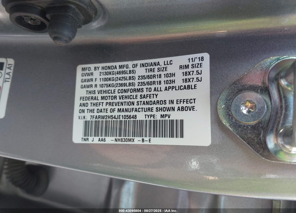 2018 HONDA CR-V VIN: 7FARW2H54JE105648