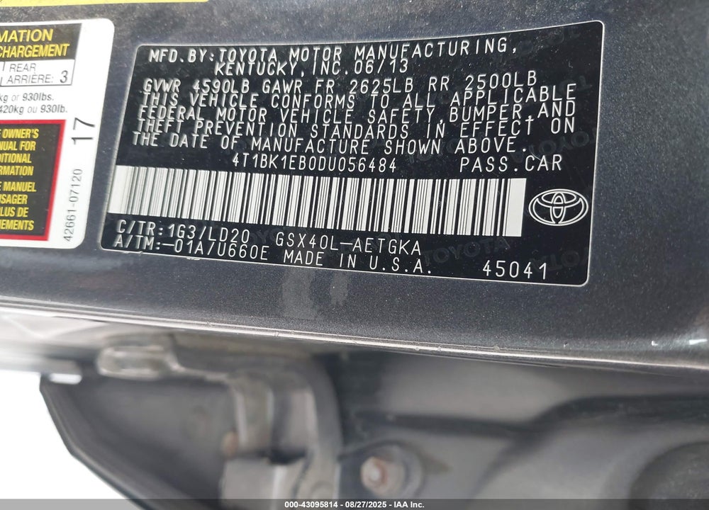 2013 TOYOTA AVALON VIN: 4T1BK1EB0DU056484