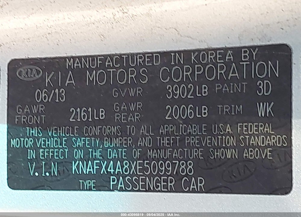 2014 KIA FORTE VIN: KNAFX4A8XE5099788