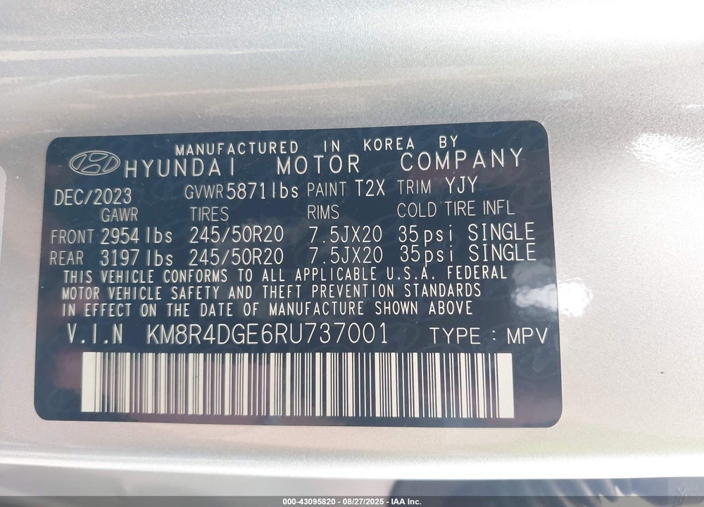 2024 HYUNDAI PALISADE VIN: KM8R4DGE6RU737001