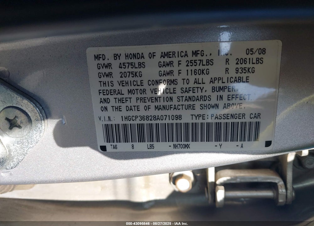 2008 HONDA ACCORD 3.5 EX-L VIN: 1HGCP36828A071098