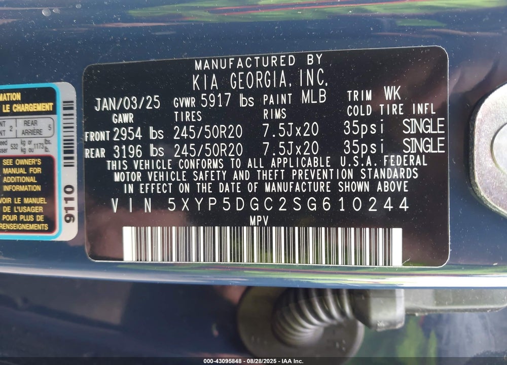 2025 KIA TELLURIDE VIN: 5XYP5DGC2SG610244