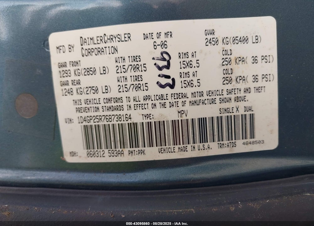 2006 DODGE CARAVAN VIN: 1D4GP25R76B738164