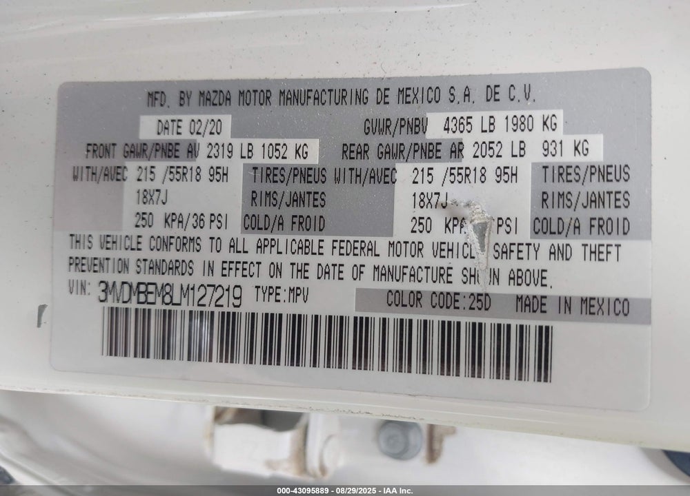 2020 MAZDA CX-30 VIN: 3MVDMBEM8LM127219