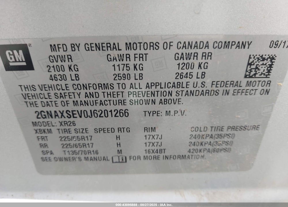 2018 CHEVROLET EQUINOX VIN: 2GNAXSEV0J6201266