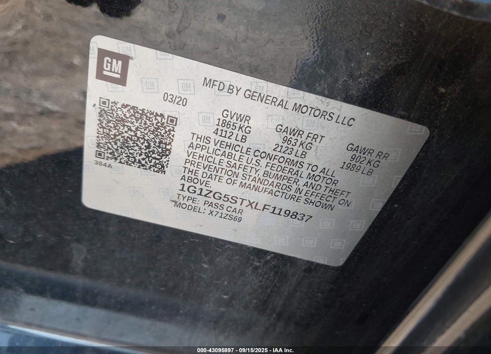 2020 CHEVROLET MALIBU VIN: 1G1ZG5STXLF119837
