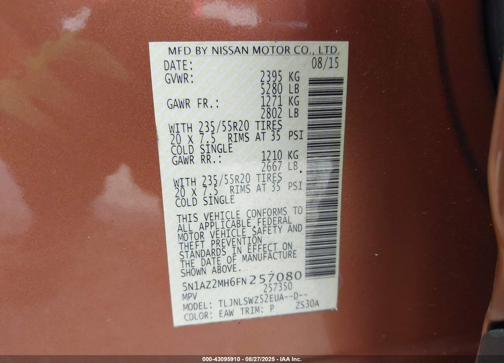 2015 NISSAN MURANO VIN: 5N1AZ2MH6FN257080
