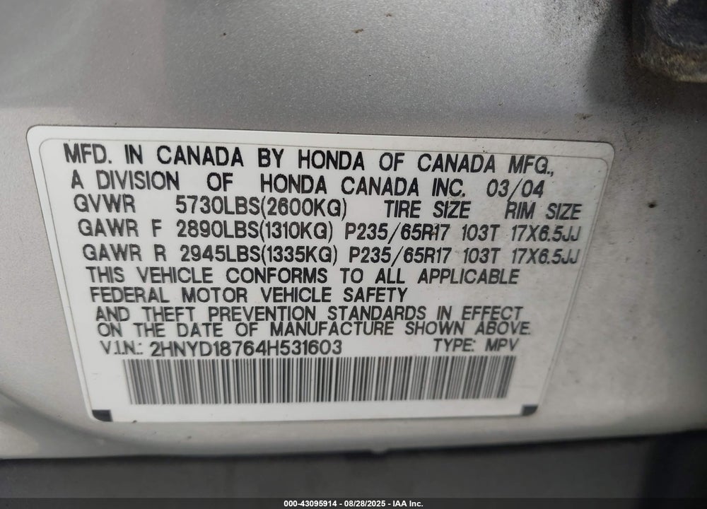2004 ACURA MDX VIN: 2HNYD18764H531603