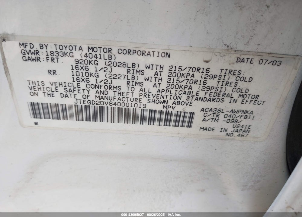2004 TOYOTA RAV4 VIN: JTEGD20V840001019
