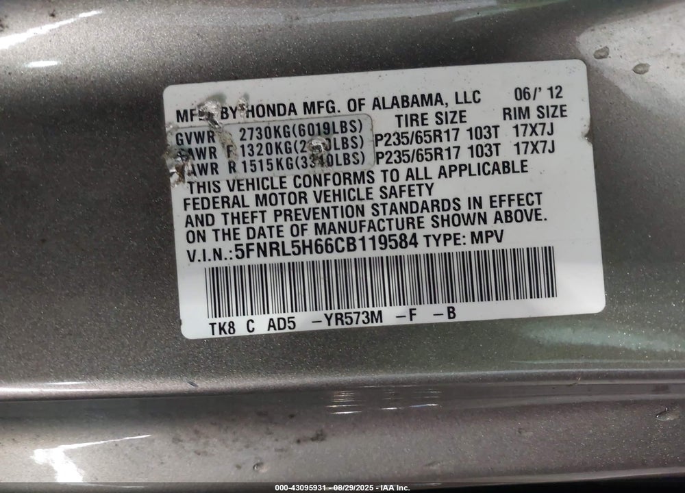 2012 HONDA ODYSSEY EX-L VIN: 5FNRL5H66CB119584