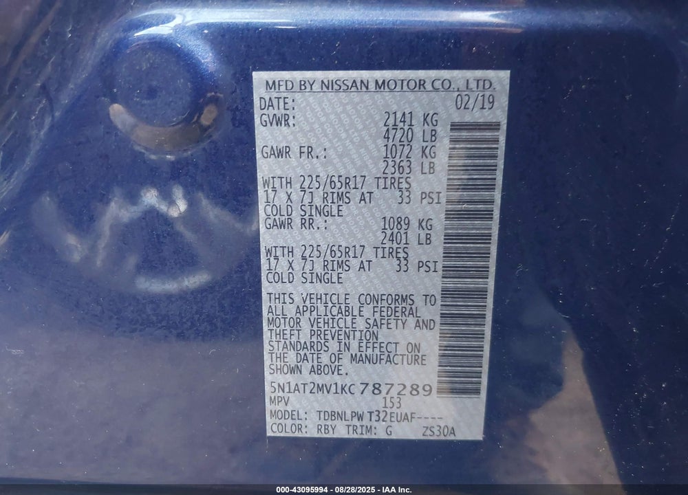 2019 NISSAN ROGUE VIN: 5N1AT2MV1KC787289