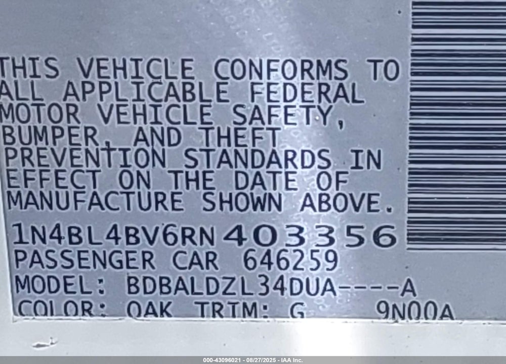 2024 NISSAN ALTIMA VIN: 1N4BL4BV6RN403356