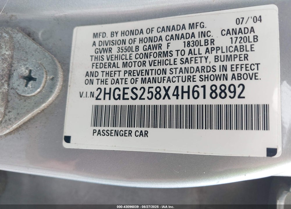 2004 HONDA CIVIC EX VIN: 2HGES258X4H618892