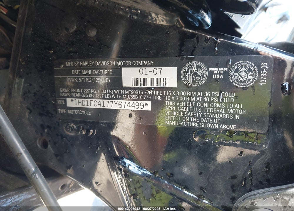 2007 HARLEY-DAVIDSON FLHTCUI VIN: 1HD1FC4177Y674499