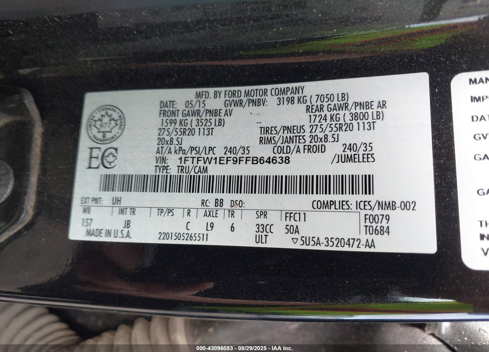 2015 FORD F-150 VIN: 1FTFW1EF9FFB64638
