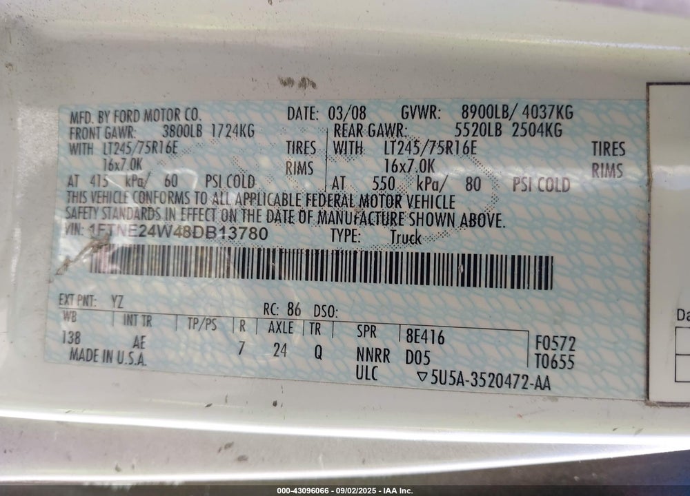 2008 FORD E-250 VIN: 1FTNE24W48DB13780