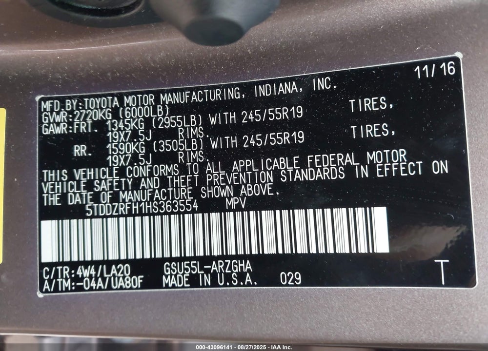 2017 TOYOTA HIGHLANDER VIN: 5TDDZRFH1HS363554
