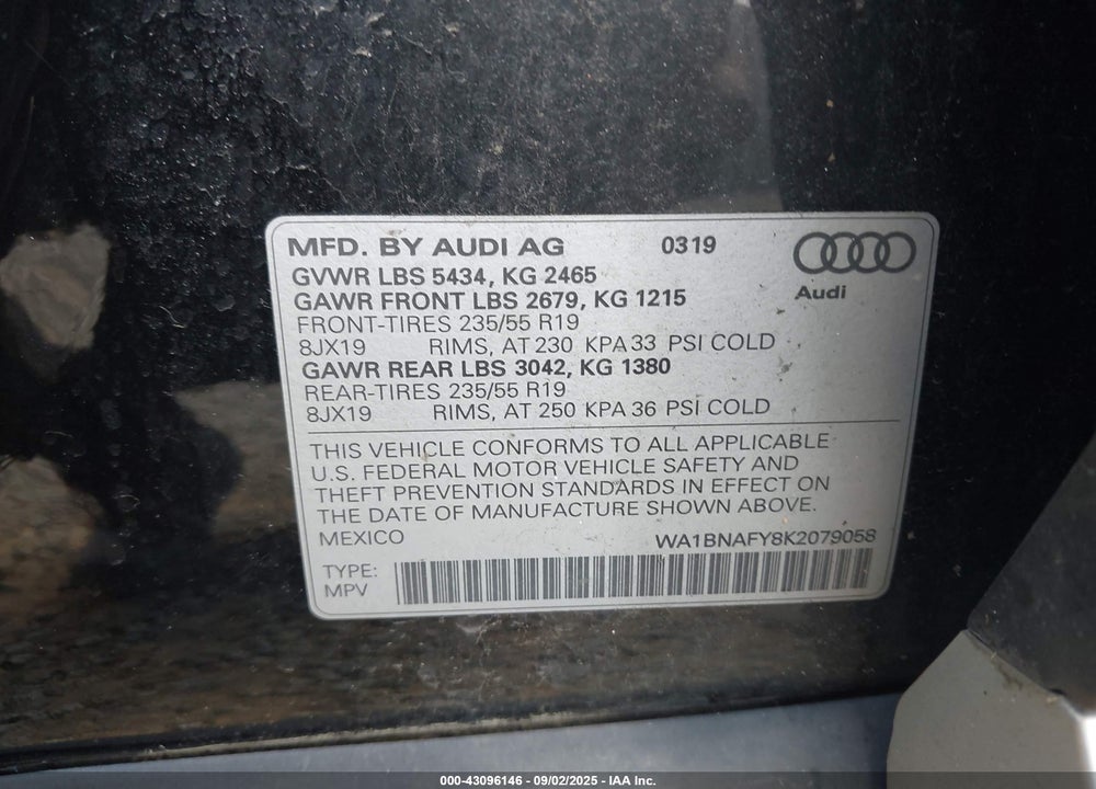 2019 AUDI Q5 VIN: WA1BNAFY8K2079058