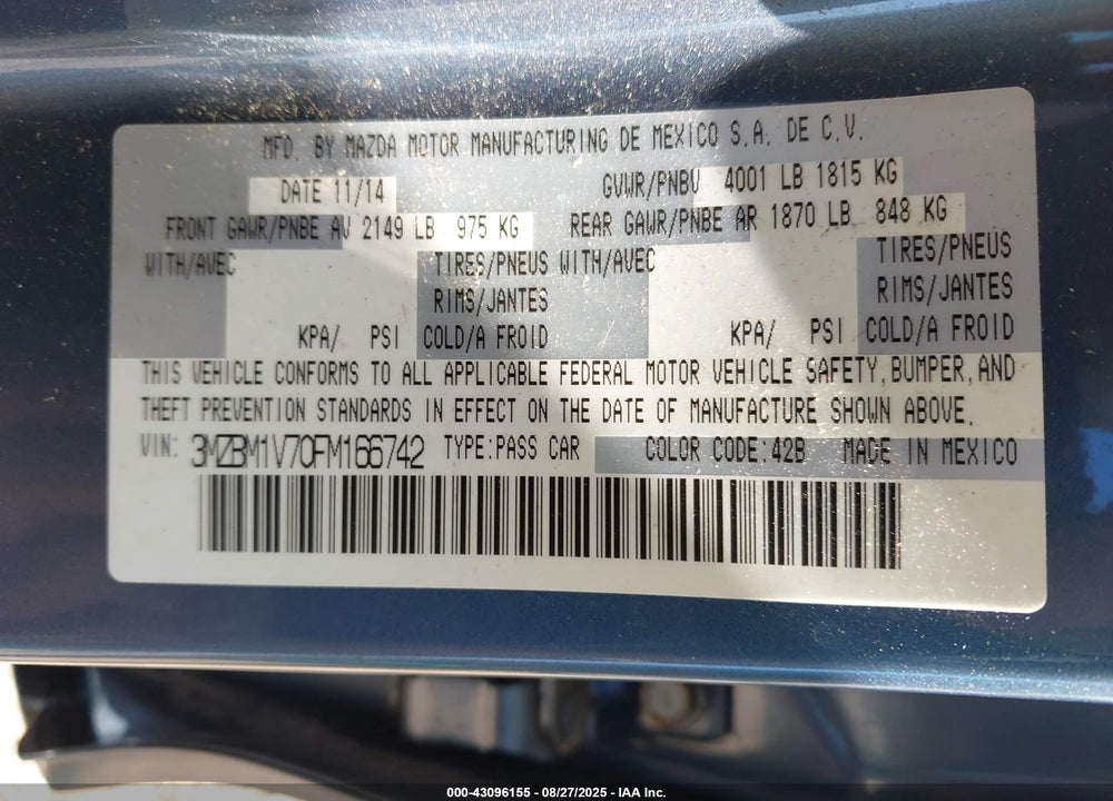 2015 MAZDA 3 VIN: 3MZBM1V70FM166742